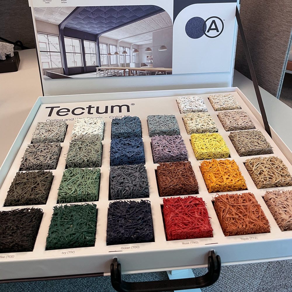 TECTUM Lay-In Ceiling panels are available in 20 colorways including a variety of neutral tones and vibrant colors.